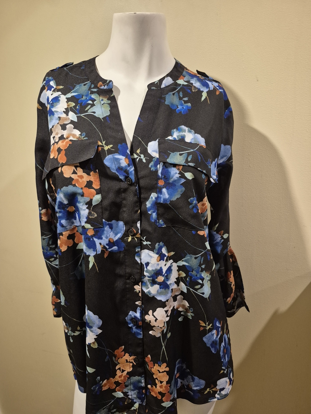 Calvin Klein Cinched Long Sleeve Floral Print Womens‎ Blouse Top Size S EUC